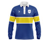 Custom yellow and blue long-sleeve school leaver with white accents